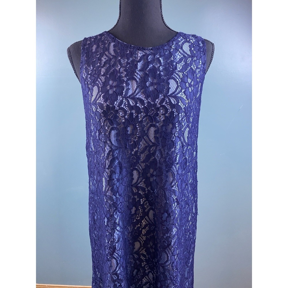 Navy‎ Blue Floral Lace Sleeveless Shift Dress Round Neck Midi Elegant Cocktail - Picture 13 of 16